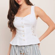 White Embroidered Eyelet Sweetheart Button Down Top
