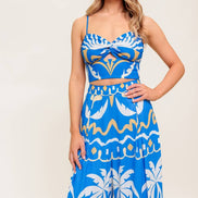 Blue Tropical Printed Woven Crop Top and Pant Set