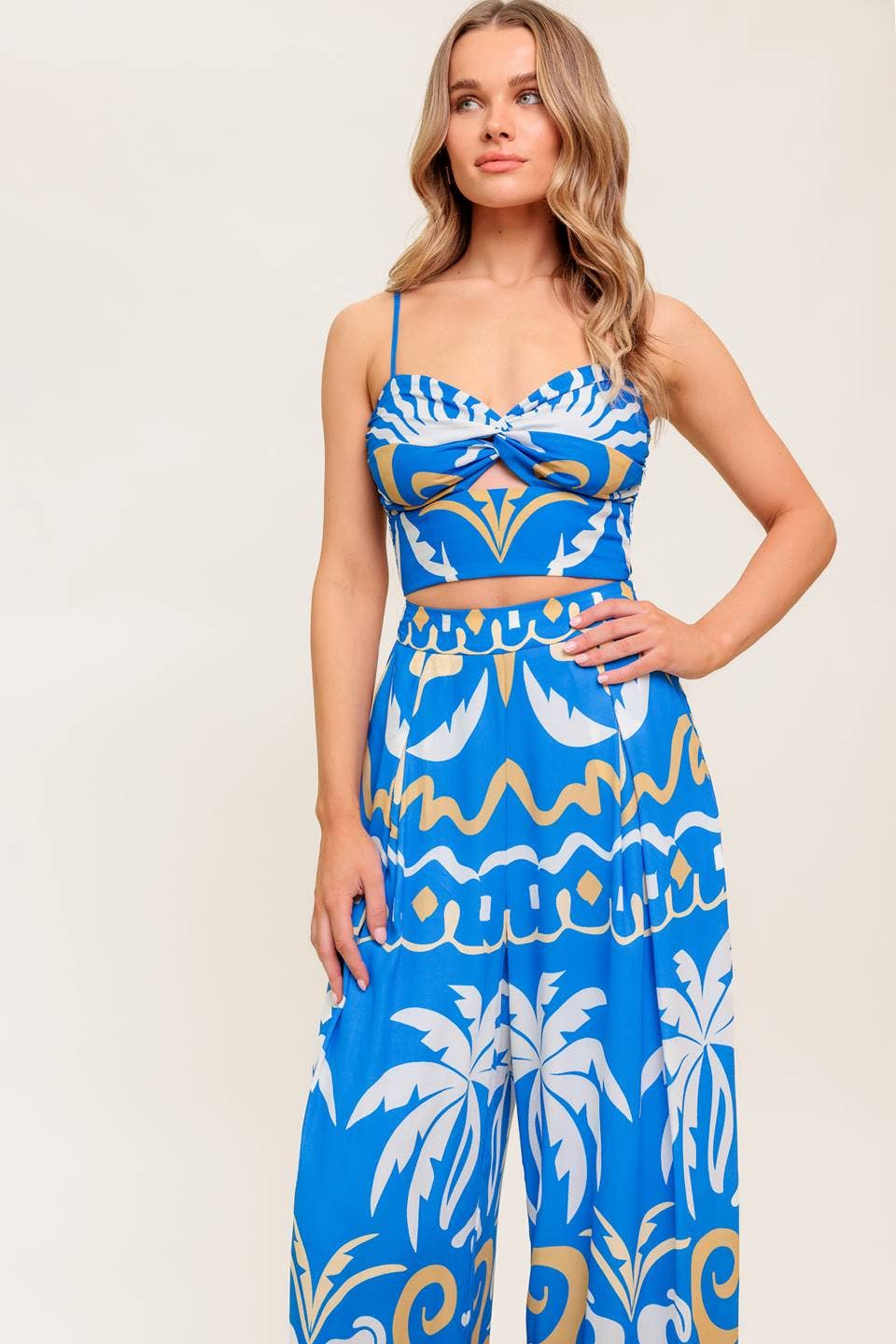 Blue Tropical Printed Woven Crop Top and Pant Set