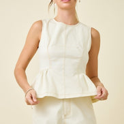 Cream Sleeveless Peplum & Stitch Denim High Waisted Short Set