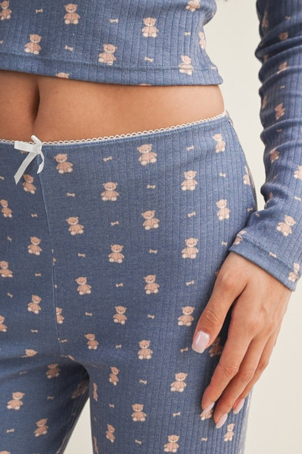 Crewneck Teddy Bear Print Pointelle Lounge Set