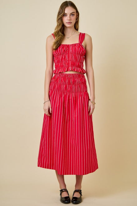 Red Striped Poplin Smocked Top & Flowy Midi Skirt Set