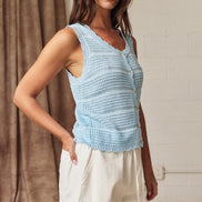 Crochet Knit Scoop Neck Button Down Top
