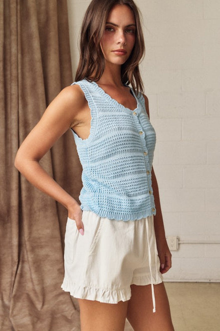 Crochet Knit Scoop Neck Button Down Top
