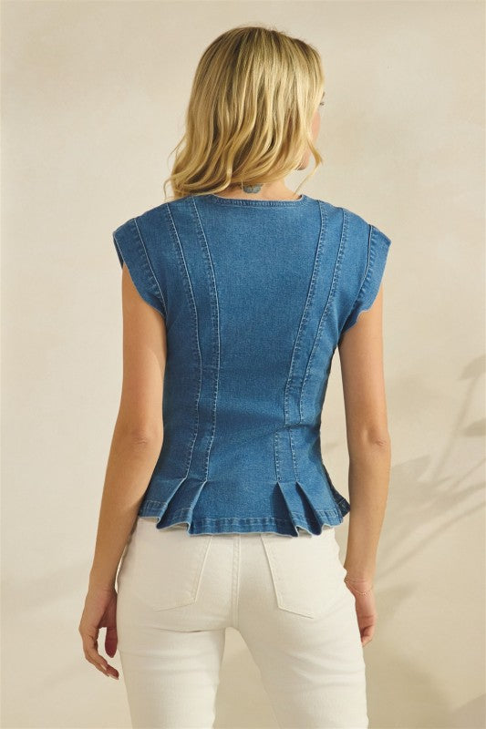 Button Down Peplum Denim Vest Top