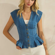 Button Down Peplum Denim Vest Top