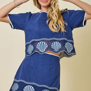 Navy Embroidered Shells Contrast Cropped Top and Mini Skirt Set
