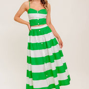 Green/White Striped Sweetheart Neckline Top and Skirt Set
