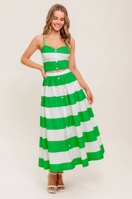 Green/White Striped Sweetheart Neckline Top and Skirt Set