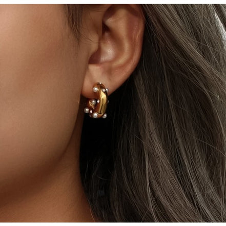 Mini Pearl C Hoop Earrings