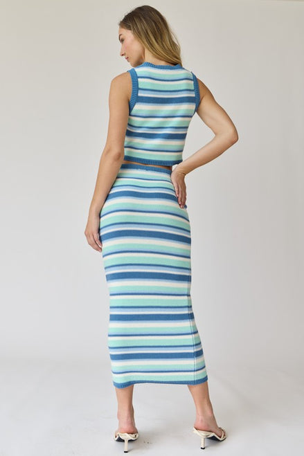 Blue Striped Knit Top and Skirt Set