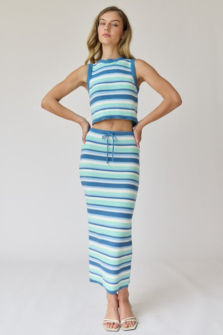 Blue Striped Knit Top and Skirt Set