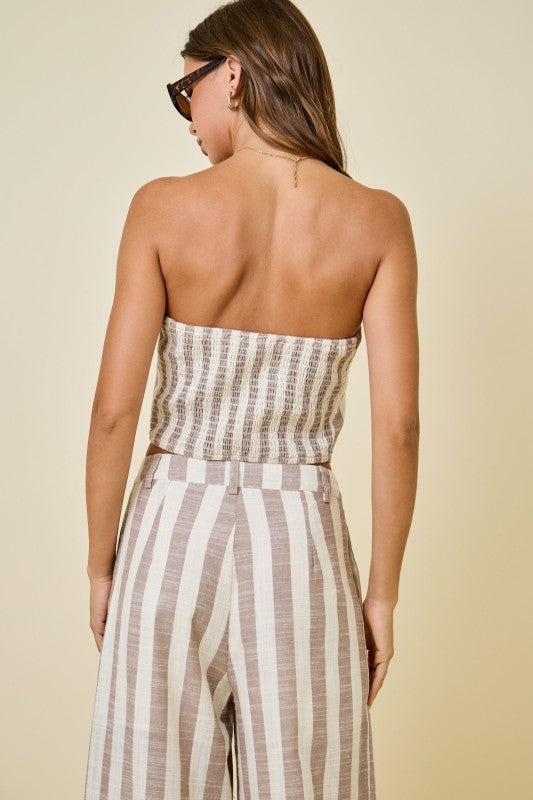 Mocha/Ivory Striped Bandeau Top & Wide-Leg Pant Set
