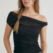 Black Ruched Mesh Off Shoulder Top