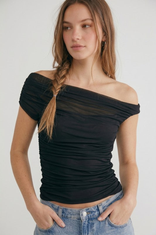 Black Ruched Mesh Off Shoulder Top
