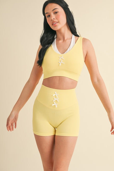 Lemon Bow Detail Double Layered Bra And Shorts Set