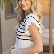 Ivory Striped Short Ruffle Sleeved Knit Top
