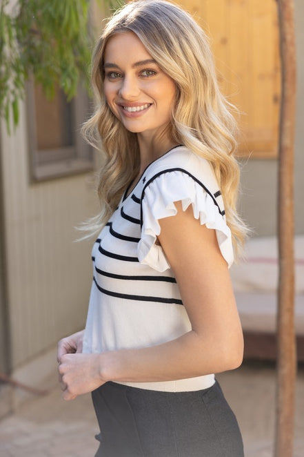 Ivory Striped Short Ruffle Sleeved Knit Top