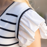 Ivory Striped Short Ruffle Sleeved Knit Top