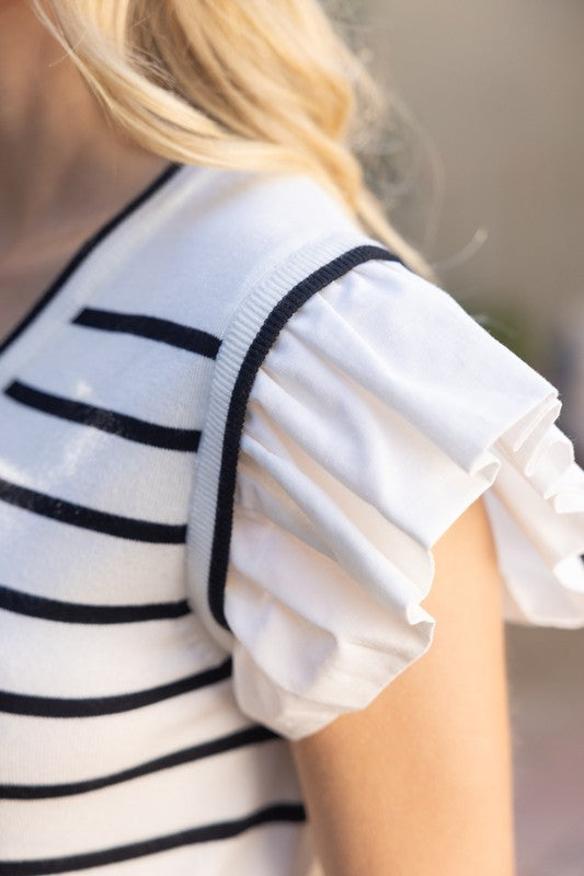Ivory Striped Short Ruffle Sleeved Knit Top