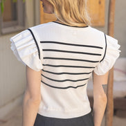 Ivory Striped Short Ruffle Sleeved Knit Top