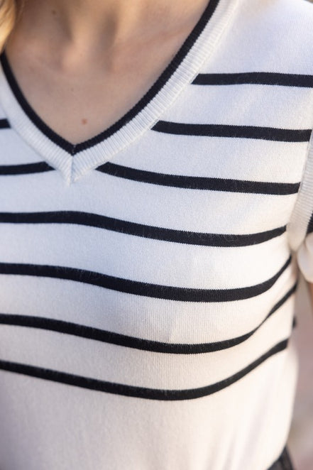 Ivory Striped Short Ruffle Sleeved Knit Top
