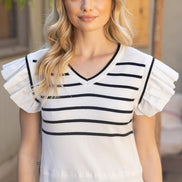 Ivory Striped Short Ruffle Sleeved Knit Top