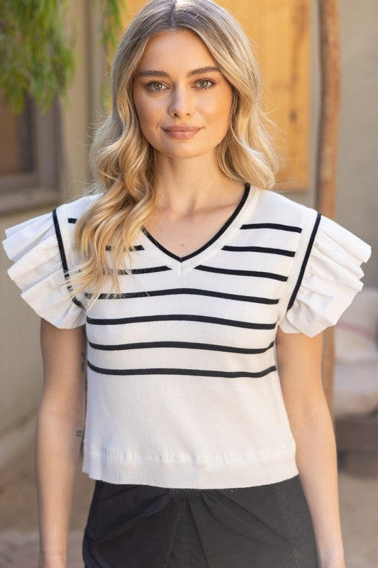 Ivory Striped Short Ruffle Sleeved Knit Top