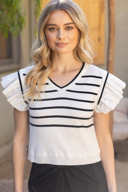 Ivory Striped Short Ruffle Sleeved Knit Top