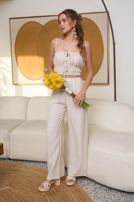 Front Tie Cropped Cami Top And Wide Leg Pant Set