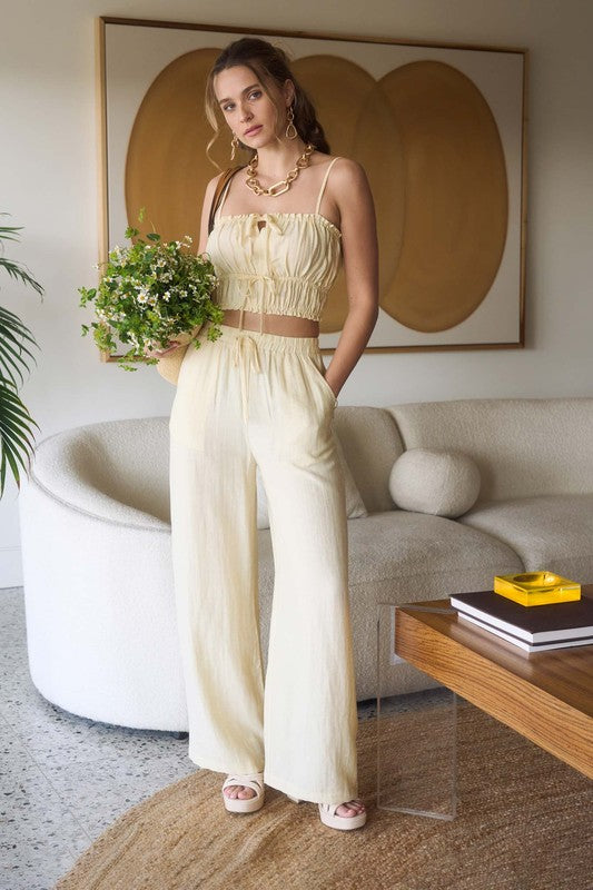 Front Tie Cropped Cami Top And Wide Leg Pant Set