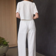 White Eyelet Trim Front Tie Blouse And Wide Leg Pant Set