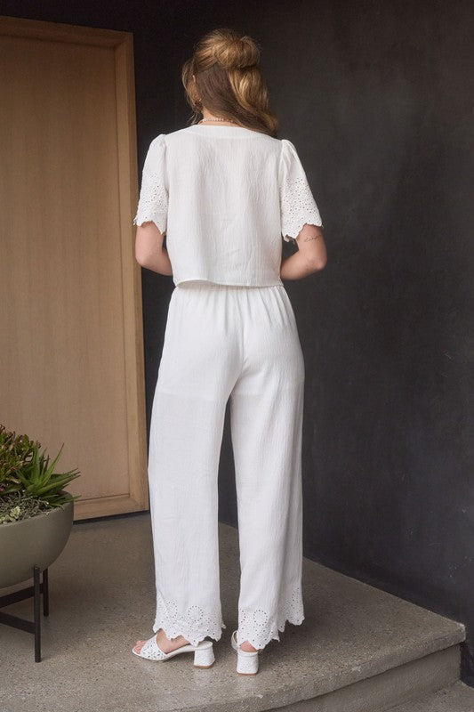 White Eyelet Trim Front Tie Blouse And Wide Leg Pant Set