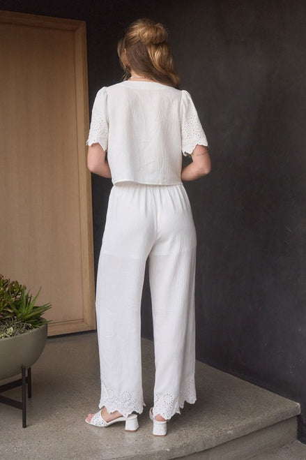 White Eyelet Trim Front Tie Blouse And Wide Leg Pant Set