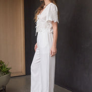 White Eyelet Trim Front Tie Blouse And Wide Leg Pant Set