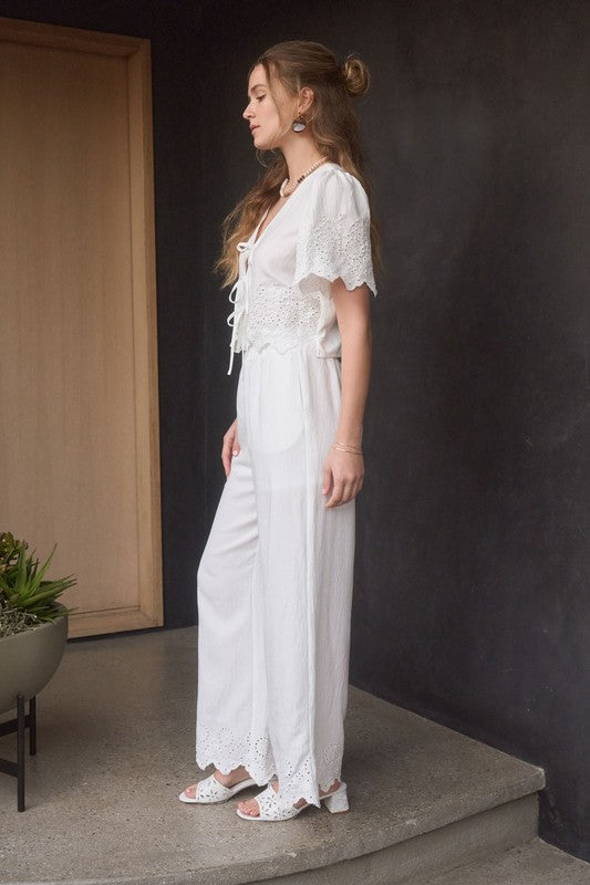 White Eyelet Trim Front Tie Blouse And Wide Leg Pant Set