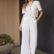 White Eyelet Trim Front Tie Blouse And Wide Leg Pant Set