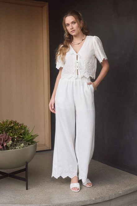 White Eyelet Trim Front Tie Blouse And Wide Leg Pant Set