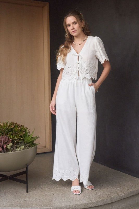 White Eyelet Trim Front Tie Blouse And Wide Leg Pant Set