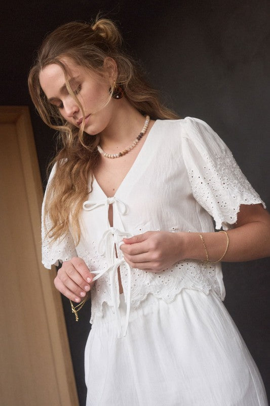 White Eyelet Trim Front Tie Blouse And Wide Leg Pant Set