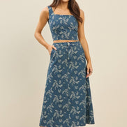 Denim Floral Denim Top & Skirt Set