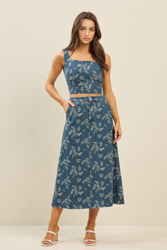 Denim Floral Denim Top & Skirt Set