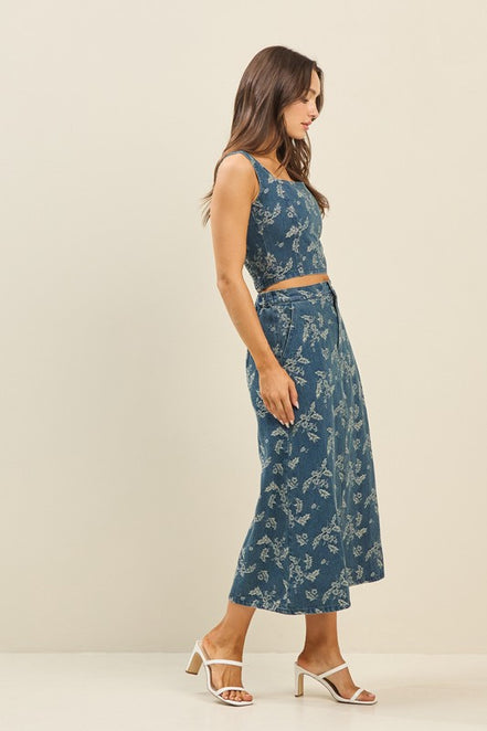 Denim Floral Denim Top & Skirt Set