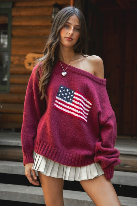 Burgundy Ribbed Knit American Flag Sweater