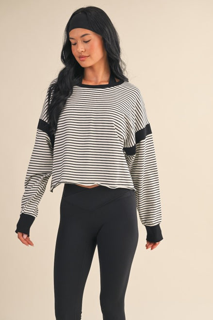 White/Black Striped Cutout Back Layering Sweatshirt