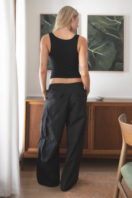 Black Crinkled Nylon Parachute Cargo Pants