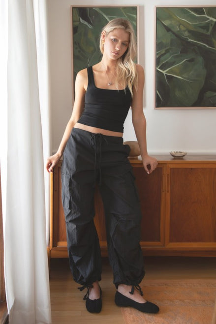 Black Crinkled Nylon Parachute Cargo Pants