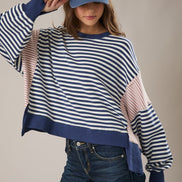 Navy/White Stripe Scooped Neck Line Stripe Sweatshirt