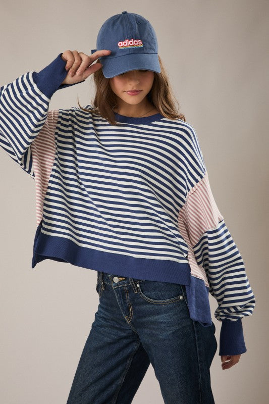 Navy/White Stripe Scooped Neck Line Stripe Sweatshirt