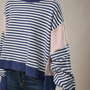 Navy/White Stripe Scooped Neck Line Stripe Sweatshirt